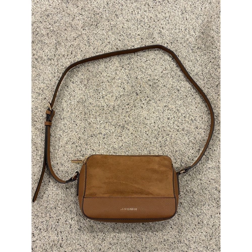 Accessorize Brown Suede Faux Leather Crossbody Bag - Adjustable Strap - Medium